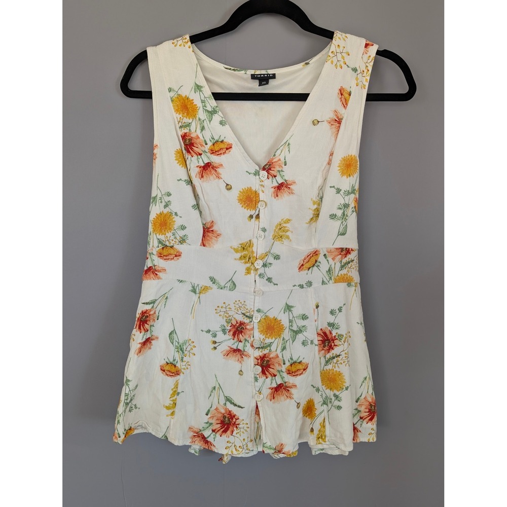 Torrid Women Ivory Floral Button Front Sleeveless‎ Tie Back Top Size 00 Large
